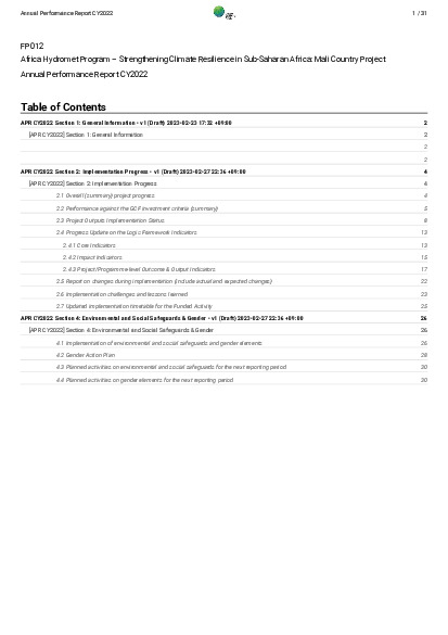 Download 2022 Annual Performance Report for FP012: Africa Hydromet Program – Strengthening Climate Resilience in Sub-Saharan Africa: Mali Country Project Document cover for 2022 Annual Performance Report for FP012: Africa Hydromet Program – Strengthening Climate Resilience in Sub-Saharan Africa: Mali Country Project