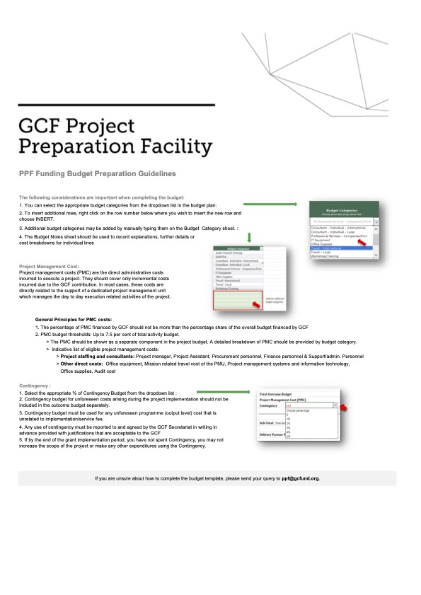 Document cover for Project Preparation Facility Budget Template