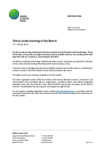Document cover for Thirty-ninth meeting of the Board
