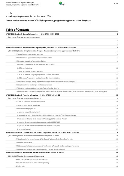 Download 2023 Annual Performance Report for FP110: Ecuador REDD-plus RBP for results period 2014 Document cover for 2023 Annual Performance Report for FP110: Ecuador REDD-plus RBP for results period 2014
