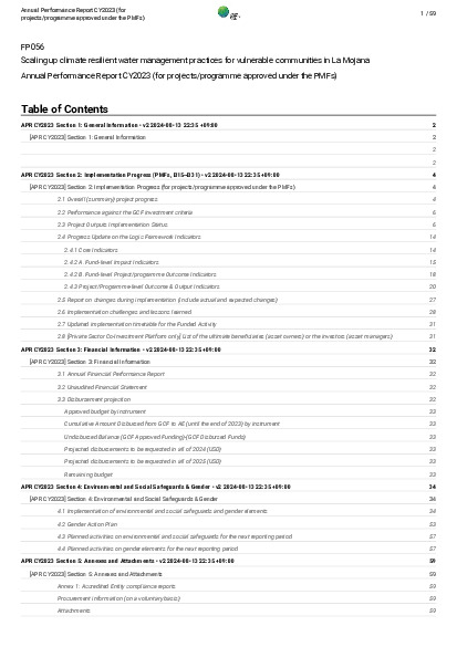 Download 2023 Annual Performance Report for FP056: Scaling up climate resilient water management practices for vulnerable communities in La Mojana Document cover for 2023 Annual Performance Report for FP056: Scaling up climate resilient water management practices for vulnerable communities in La Mojana