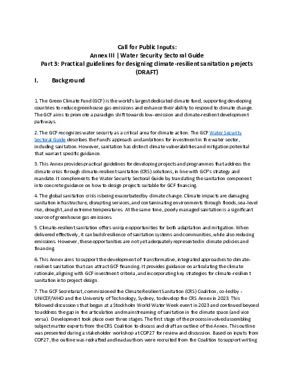 Document cover for Call for Public Inputs: Annex III | Water Security Sectoral Guide