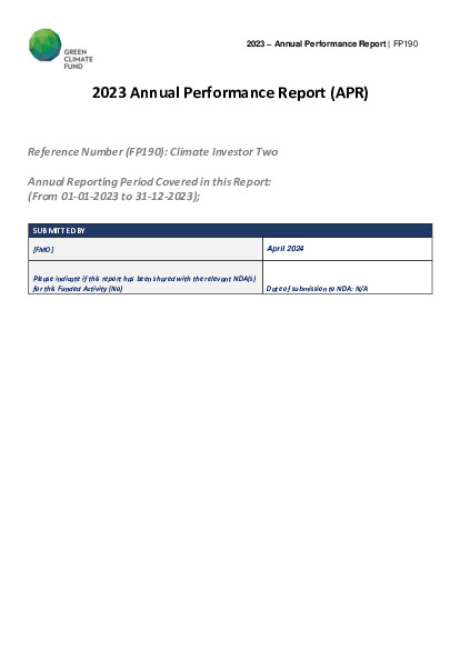 Document cover for 2023 Annual Performance Report for FP190: Climate Investor Two