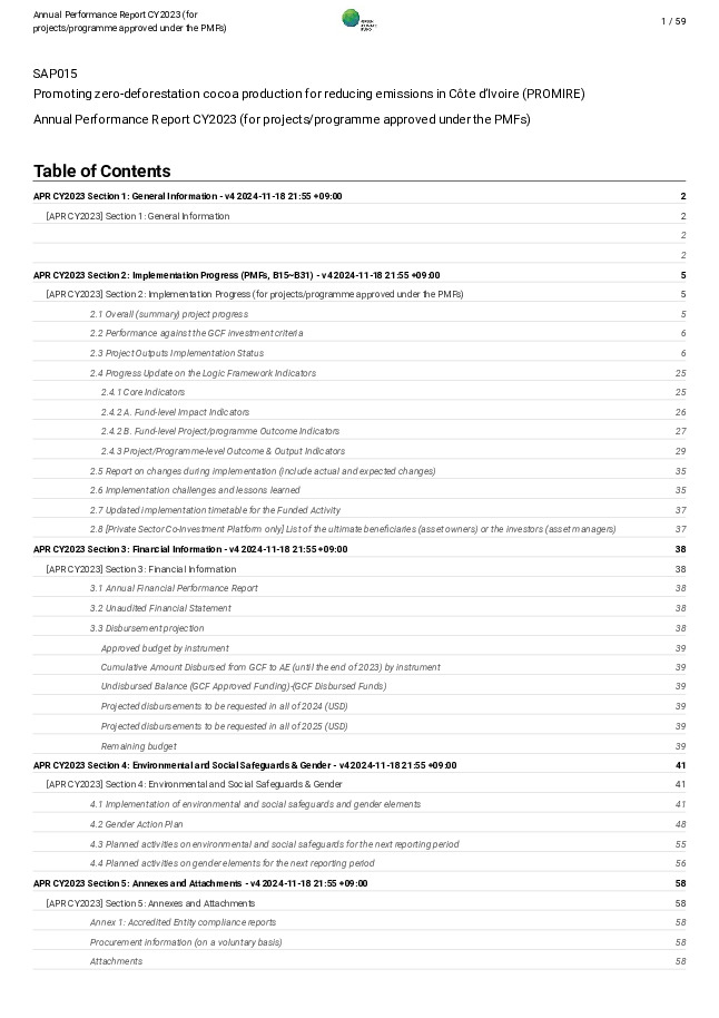 Download 2023 Annual Performance Report for SAP015: Promoting zero-deforestation cocoa production for reducing emissions in Côte d’Ivoire (PROMIRE) Document cover for 2023 Annual Performance Report for SAP015: Promoting zero-deforestation cocoa production for reducing emissions in Côte d’Ivoire (PROMIRE)
