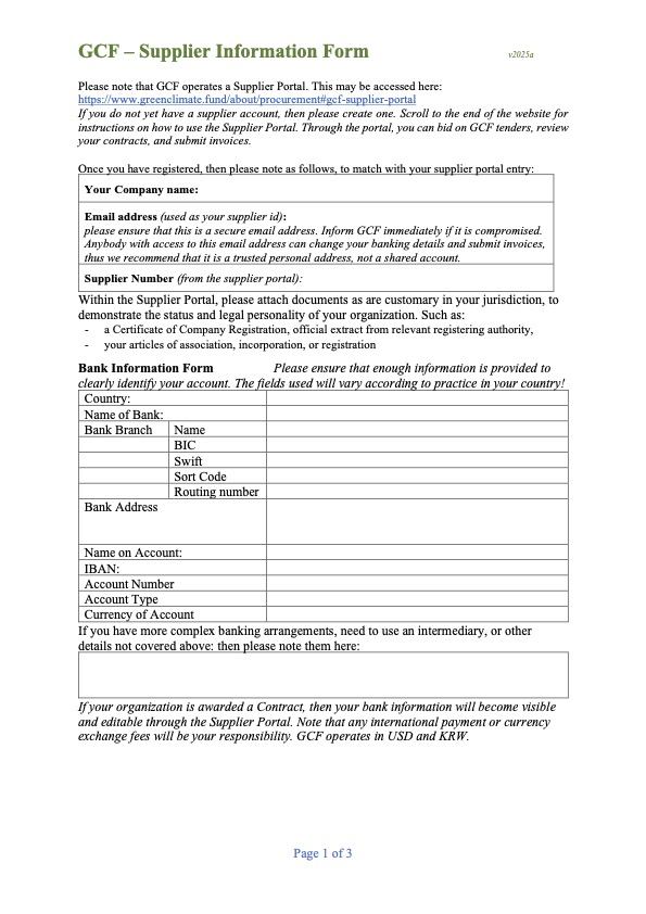 Document cover for GCF Supplier Information Form
