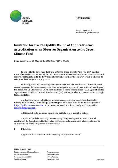 Download Invitation for the Thirty-fifth Round of Application for Accreditation as an Observer Organization to the Green Climate Fund Document cover for Invitation for the Thirty-fifth Round of Application for Accreditation as an Observer Organization to the Green Climate Fund