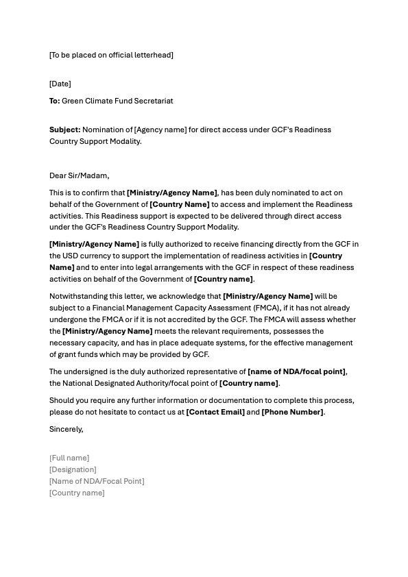 Document cover for Confirmation of government designated agency letter template