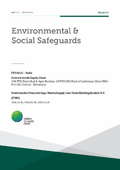 Document cover for Environmental and social safeguards (ESS) report for FP164: Green Growth Equity Fund - 240 TPD Press Mud & Agro Residue- 10 TPD CBG Plant of Lakhimpur Kheri RNG Pvt. Ltd., Unit at – Balrampur