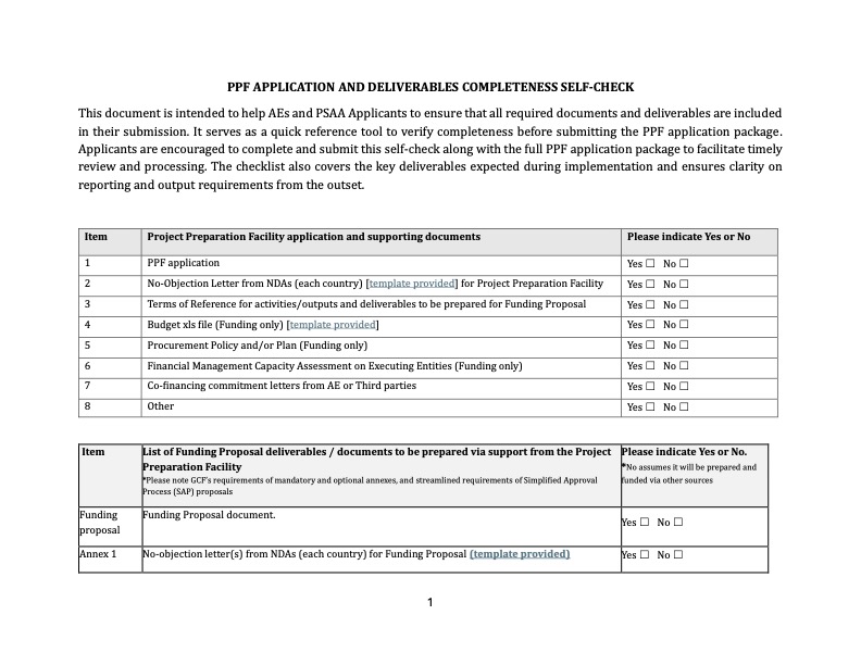 Document cover for PPF Application and Deliverables Completeness Self-Check