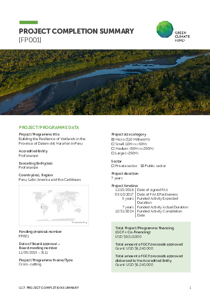 Document cover for Project completion summary for FP001: Building the Resilience of Wetlands in the Province of Datem del Marañón in Peru