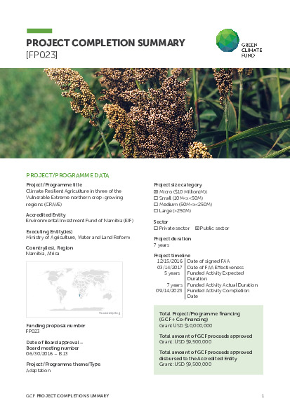 Document cover for Project completion summary for FP023: Climate Resilient Agriculture in three of the Vulnerable Extreme northern crop-growing regions (CRAVE)
