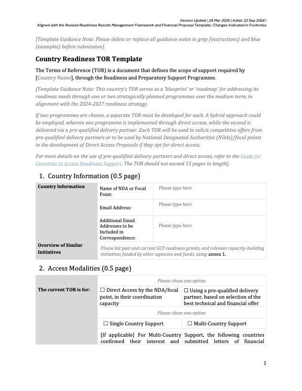 Document cover for Country Readiness TOR template