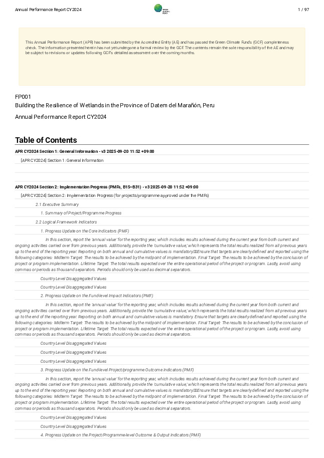 Document cover for 2024 Annual Performance Report for FP001: Building the Resilience of Wetlands in the Province of Datem del Marañón, Peru