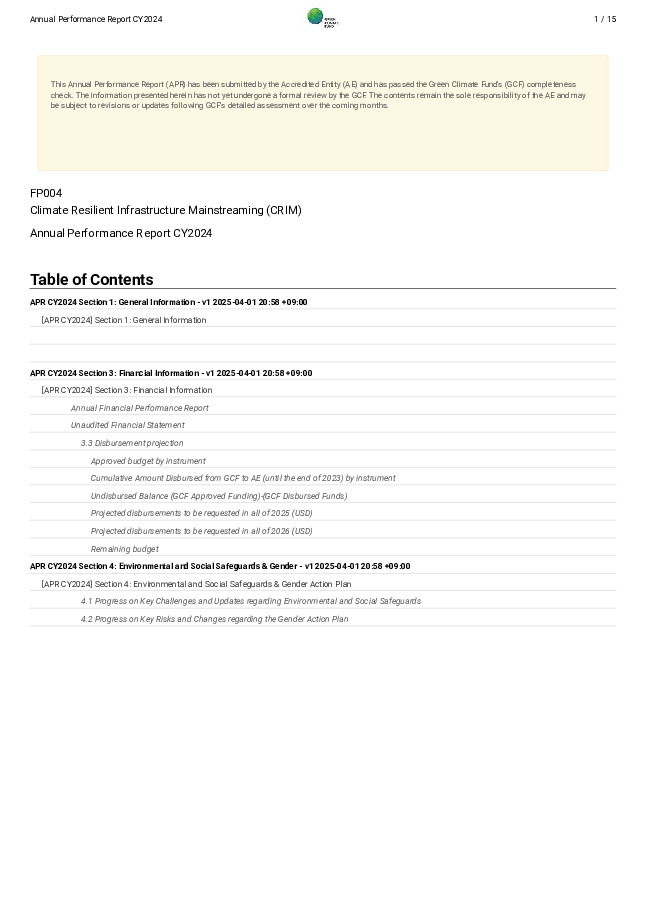 Document cover for 2024 Annual Performance Report for FP004: Climate Resilient Infrastructure Mainstreaming (CRIM)