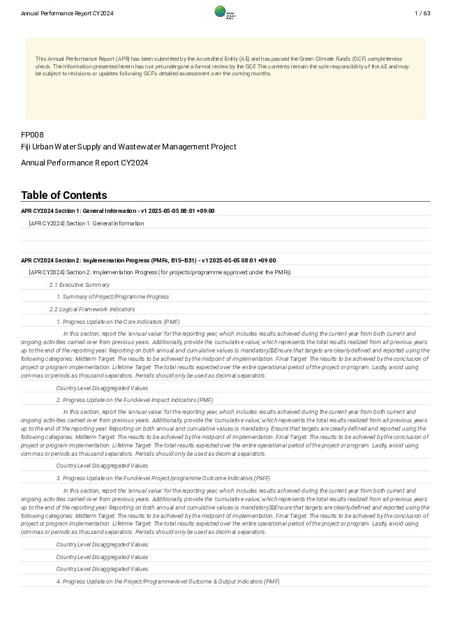 Document cover for 2024 Annual Performance Report for FP008: Fiji Urban Water Supply and Wastewater Management Project