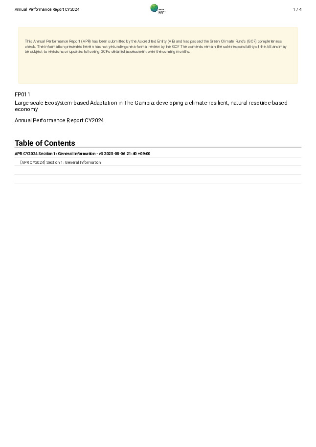 Document cover for 2024 Annual Performance Report for FP011: Large-scale Ecosystem-based Adaptation in The Gambia: developing a climate-resilient, natural resource-based economy