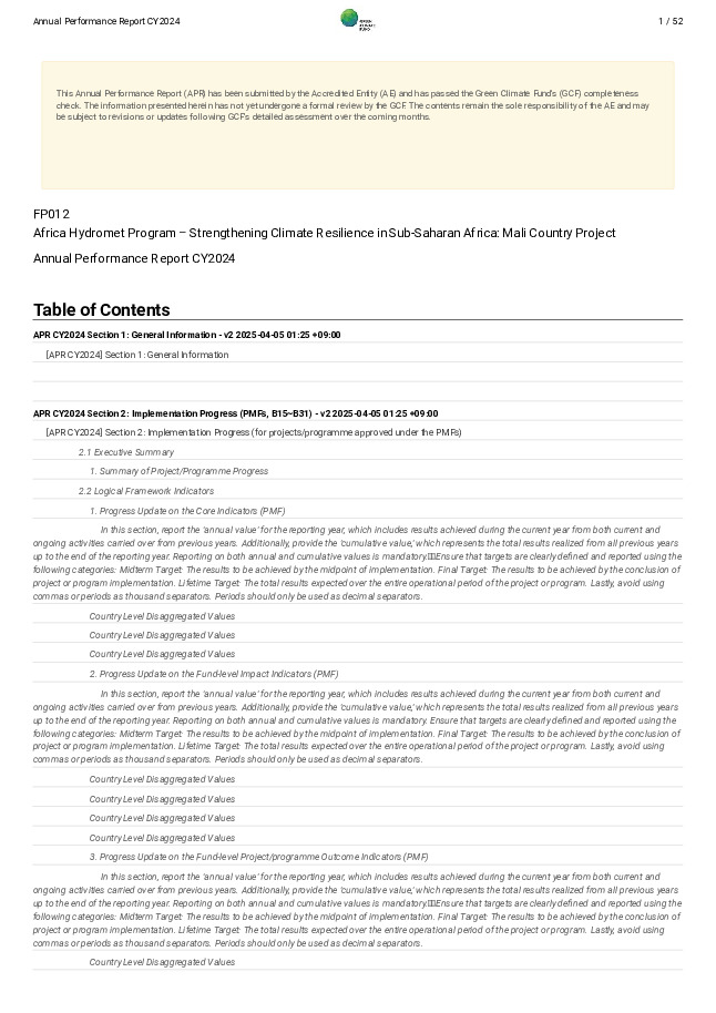 Document cover for 2024 Annual Performance Report for FP012: Africa Hydromet Program – Strengthening Climate Resilience in Sub-Saharan Africa: Mali Country Project