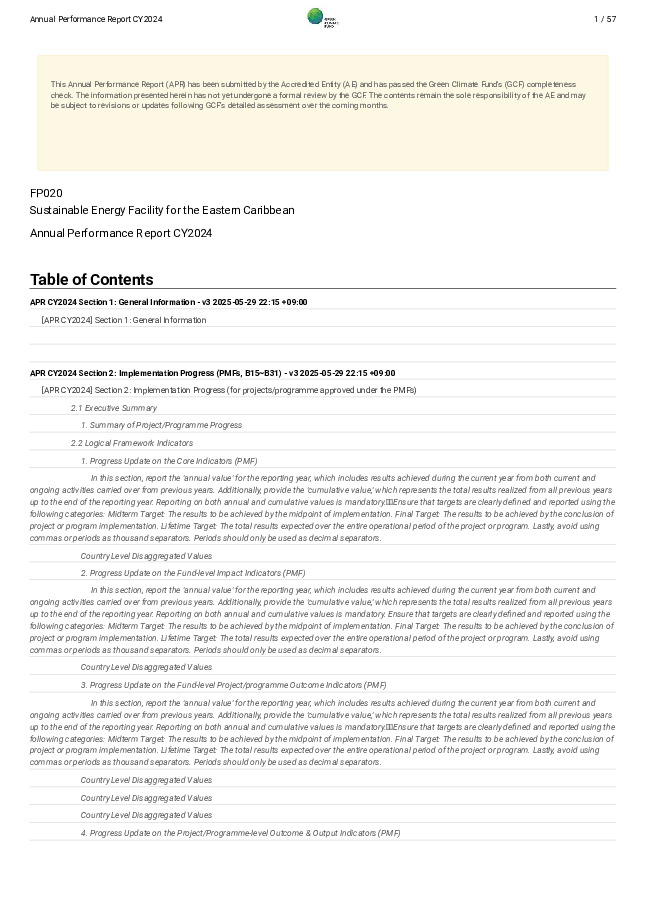 Document cover for 2024 Annual Performance Report for FP020: Sustainable Energy Facility for the Eastern Caribbean