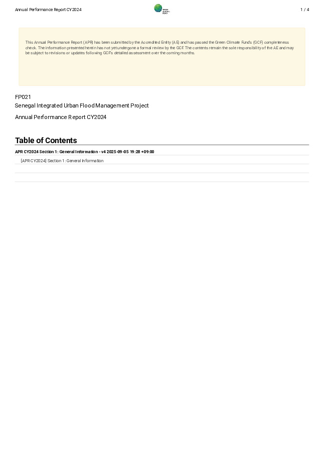 Document cover for 2024 Annual Performance Report for FP021: Senegal Integrated Urban Flood Management Project