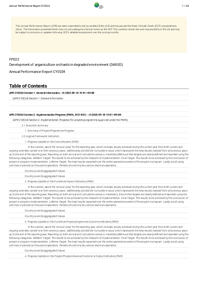 Document cover for 2024 Annual Performance Report for FP022: Development of arganiculture orchards in degraded environment (DARED)