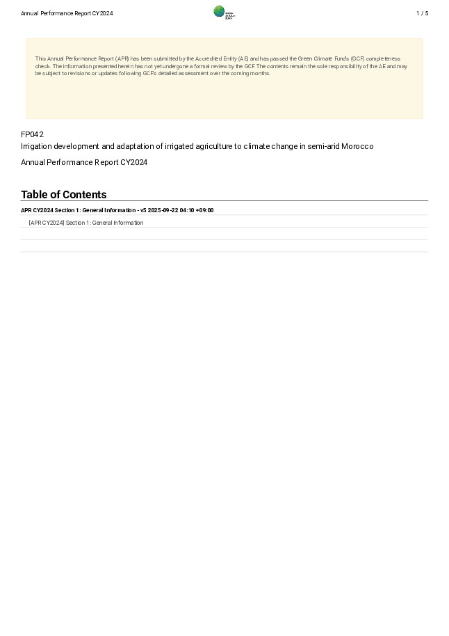Document cover for 2024 Annual Performance Report for FP042: Irrigation development and adaptation of irrigated agriculture to climate change in semi-arid Morocco