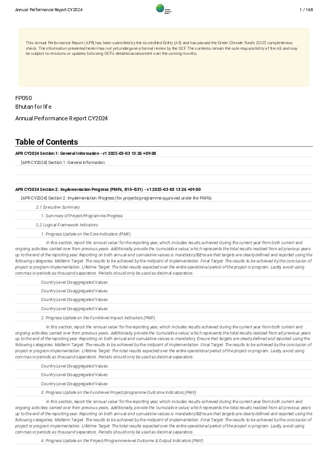 Document cover for 2024 Annual Performance Report for FP050: Bhutan for life