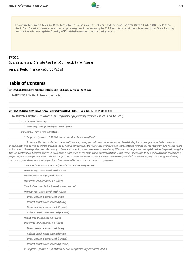 Document cover for 2024 Annual Performance Report for FP052: Sustainable and Climate Resilient Connectivity for Nauru