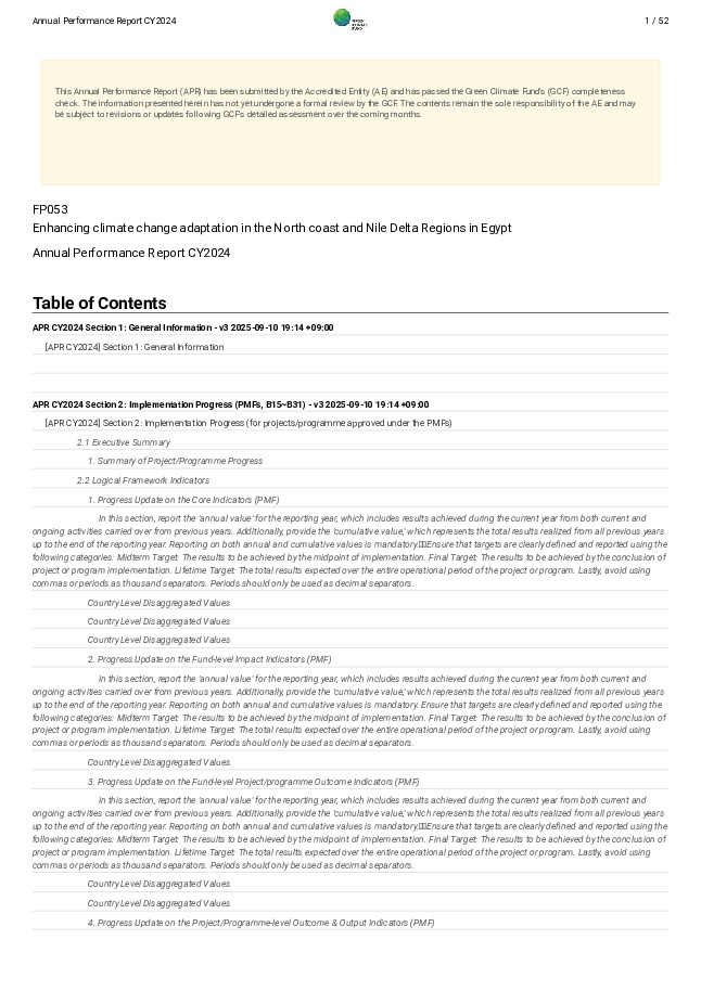 Document cover for 2024 Annual Performance Report for FP053: Enhancing climate change adaptation in the North coast and Nile Delta Regions in Egypt