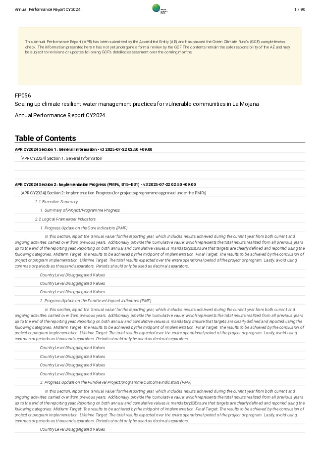 Document cover for 2024 Annual Performance Report for FP056: Scaling up climate resilient water management practices for vulnerable communities in La Mojana