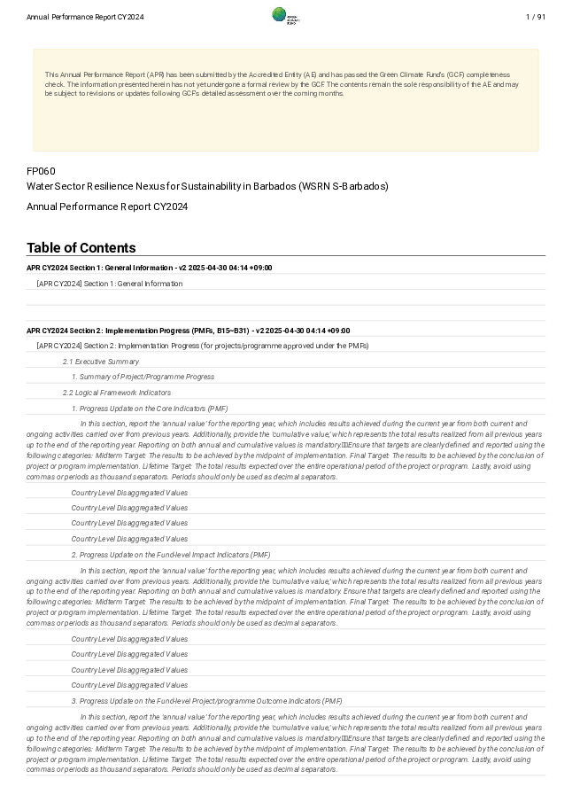 Document cover for 2024 Annual Performance Report for FP060: Water Sector Resilience Nexus for Sustainability in Barbados (WSRN S-Barbados)
