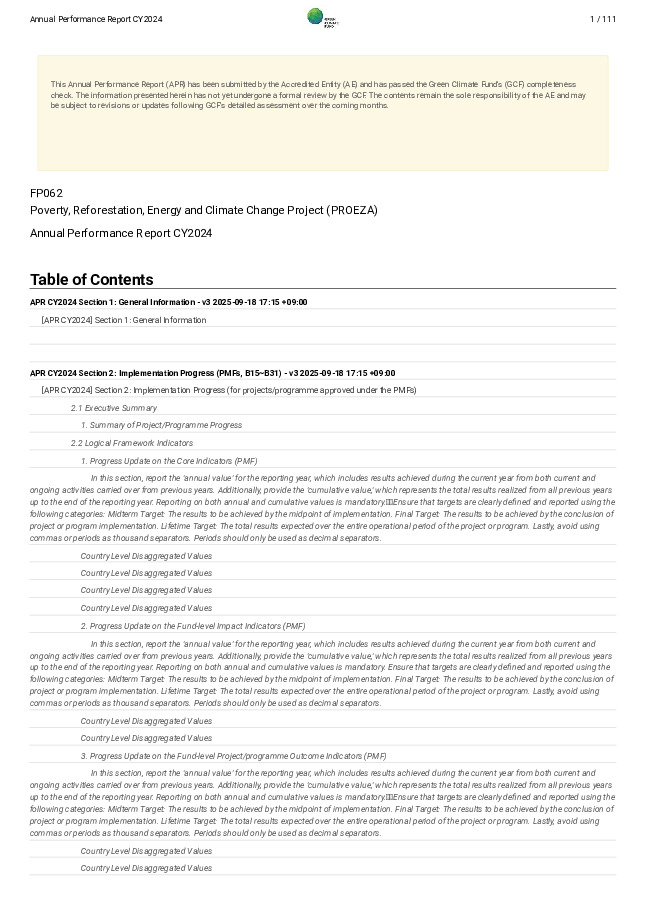 Document cover for 2024 Annual Performance Report for FP062: Poverty, Reforestation, Energy and Climate Change Project (PROEZA)