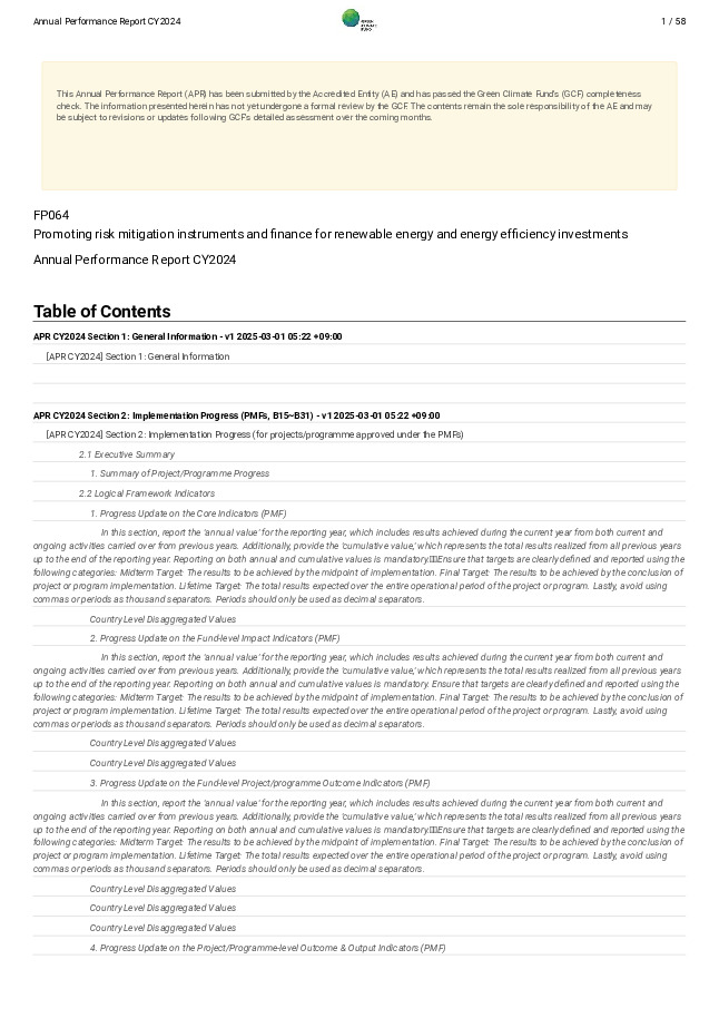 Document cover for 2024 Annual Performance Report for FP064: Promoting risk mitigation instruments and finance for renewable energy and energy efficiency investments