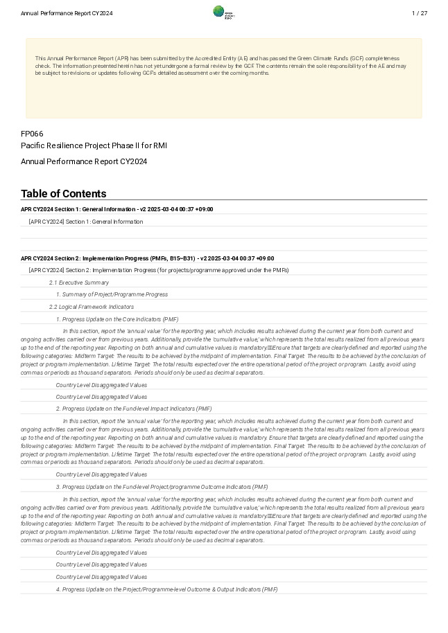 Document cover for 2024 Annual Performance Report for FP066: Pacific Resilience Project Phase II for RMI
