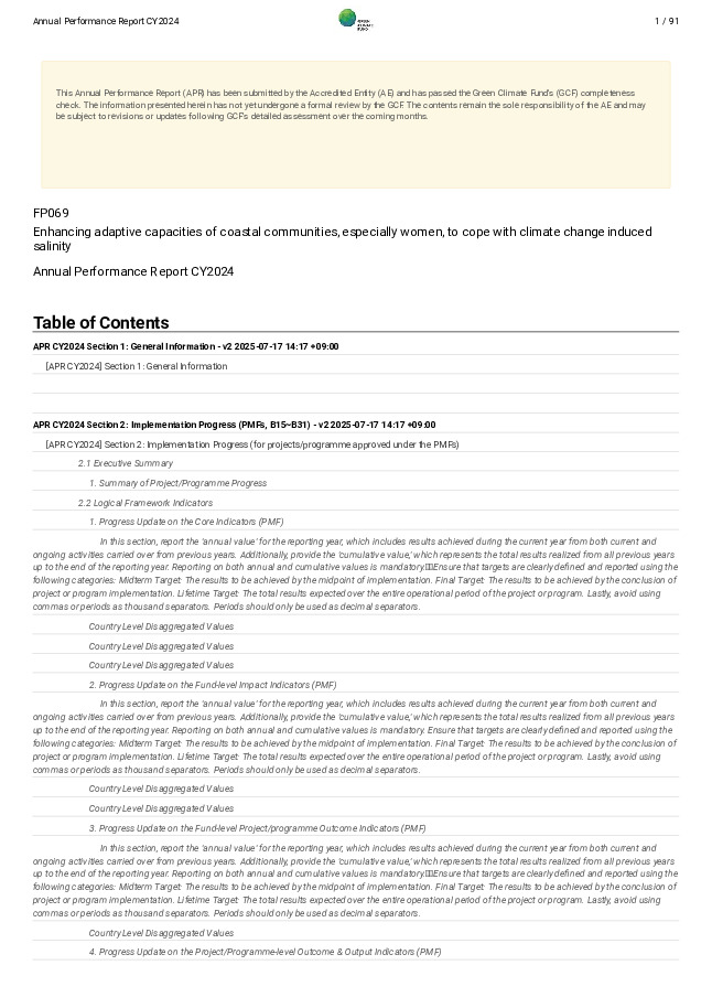 Document cover for 2024 Annual Performance Report for FP069: Enhancing adaptive capacities of coastal communities, especially women, to cope with climate change induced salinity