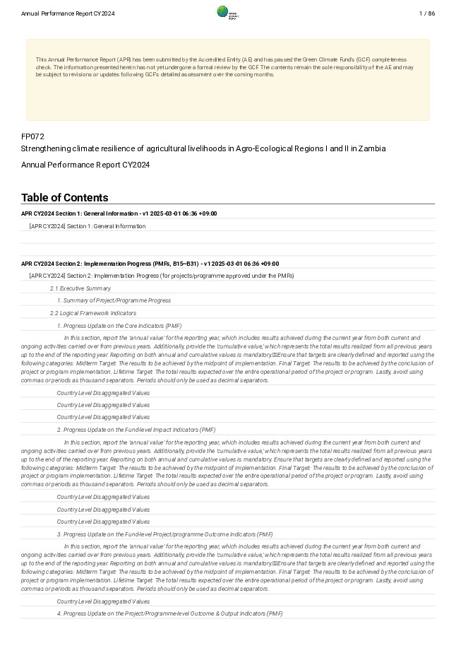 Document cover for 2024 Annual Performance Report for FP072: Strengthening climate resilience of agricultural livelihoods in Agro-Ecological Regions I and II in Zambia