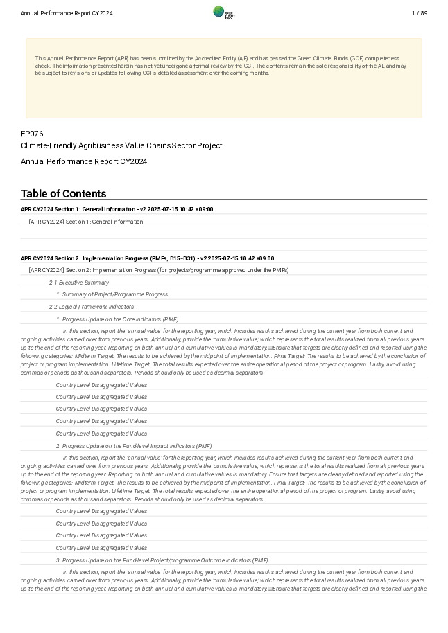 Document cover for 2024 Annual Performance Report for FP076: Climate-Friendly Agribusiness Value Chains Sector Project