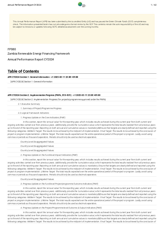 Document cover for 2024 Annual Performance Report for FP080: Zambia Renewable Energy Financing Framework