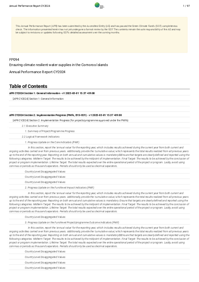 Document cover for 2024 Annual Performance Report for FP094: Ensuring climate resilient water supplies in the Comoros Islands