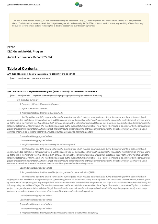 Document cover for 2024 Annual Performance Report for FP096: DRC Green Mini-Grid Program