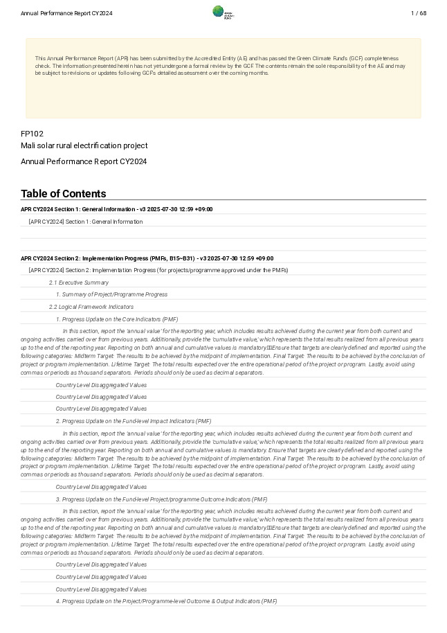 Document cover for 2024 Annual Performance Report for FP102: Mali solar rural electrification project