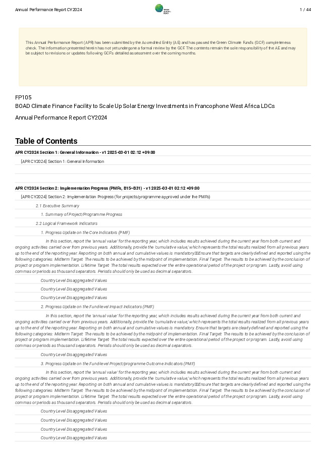 Document cover for 2024 Annual Performance Report for FP105: BOAD Climate Finance Facility to Scale Up Solar Energy Investments in Francophone West Africa LDCs