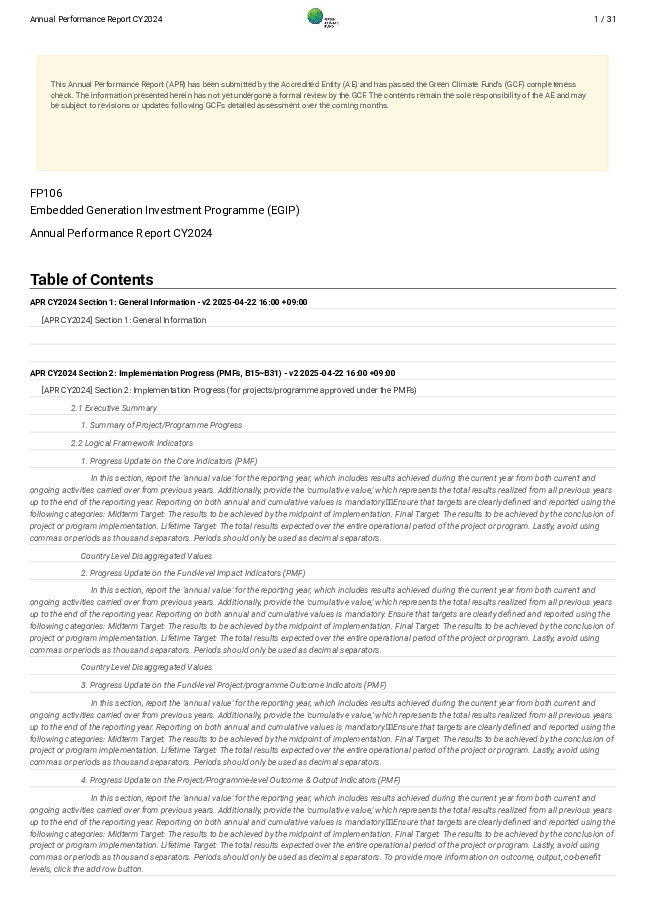 Document cover for 2024 Annual Performance Report for FP106: Embedded Generation Investment Programme (EGIP)