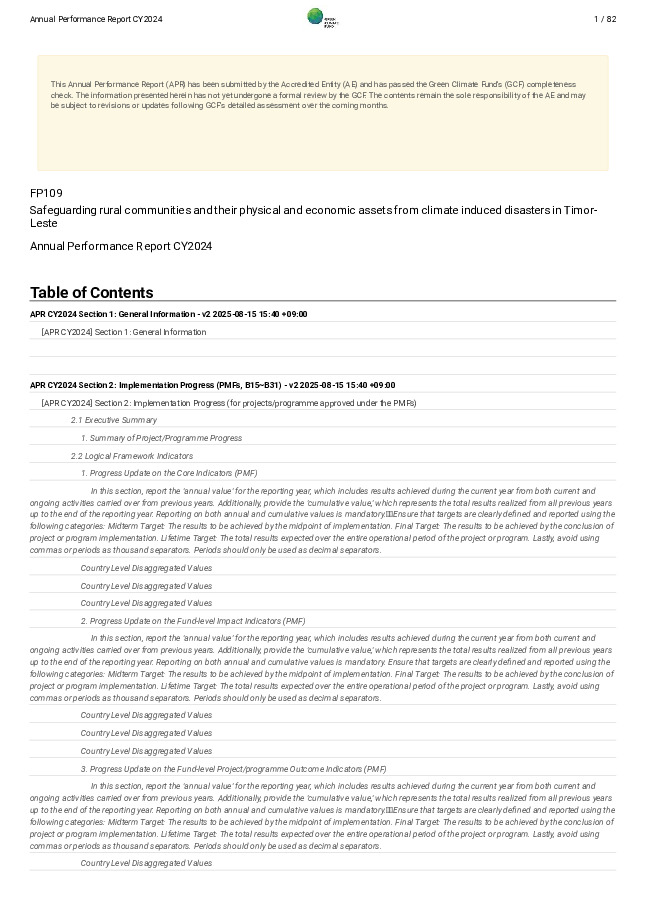 Document cover for 2024 Annual Performance Report for FP109: Safeguarding rural communities and their physical and economic assets from climate  induced disasters in Timor-Leste