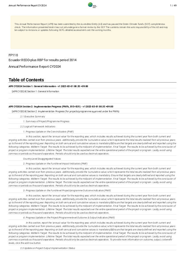 Document cover for 2024 Annual Performance Report for FP110: Ecuador REDD-plus RBP for results period 2014