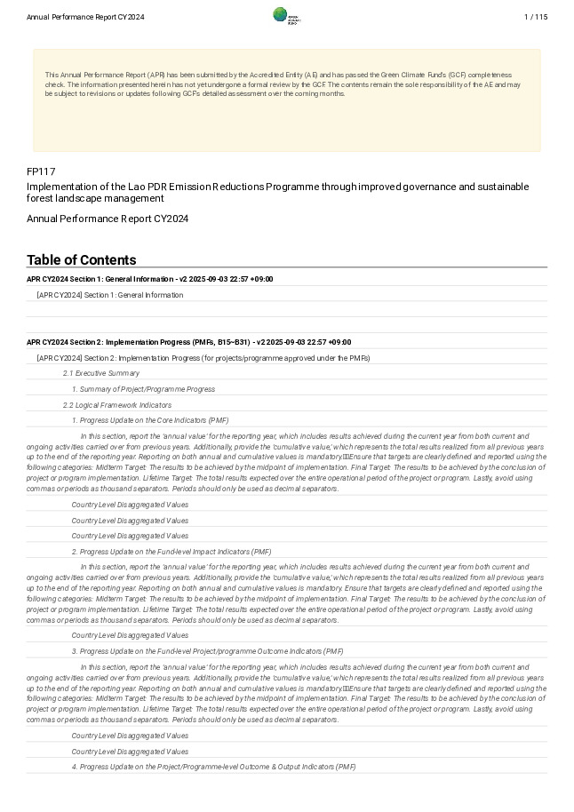 Document cover for 2024 Annual Performance Report for FP117: Implementation of the Lao PDR Emission Reductions Programme through improved governance and sustainable forest landscape management