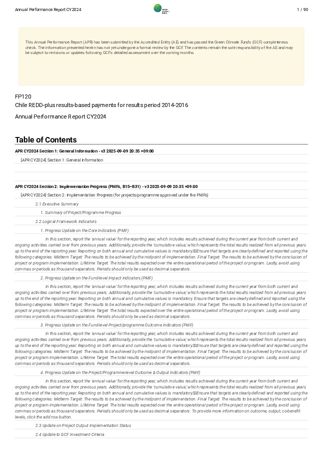 Document cover for 2024 Annual Performance Report for FP120: Chile REDD-plus results-based payments for results period 2014-2016