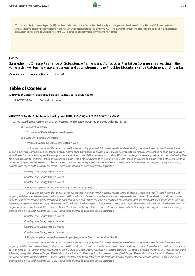 Document cover for 2024 Annual Performance Report for FP124: Strengthening Climate Resilience of Subsistence Farmers and Agricultural Plantation Communities residing in the vulnerable river basins, watershed areas and downstream of the Knuckles Mountain Range Catchment of Sri Lanka