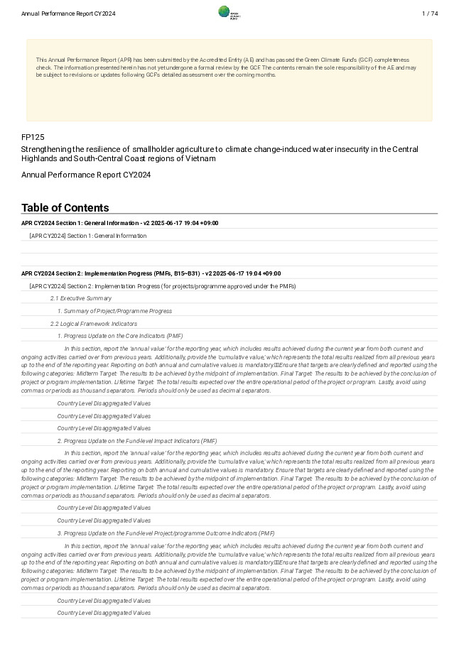 Document cover for 2024 Annual Performance Report for FP125: Strengthening the resilience of smallholder agriculture to climate change-induced water insecurity in the Central Highlands and South-Central Coast regions of Vietnam
