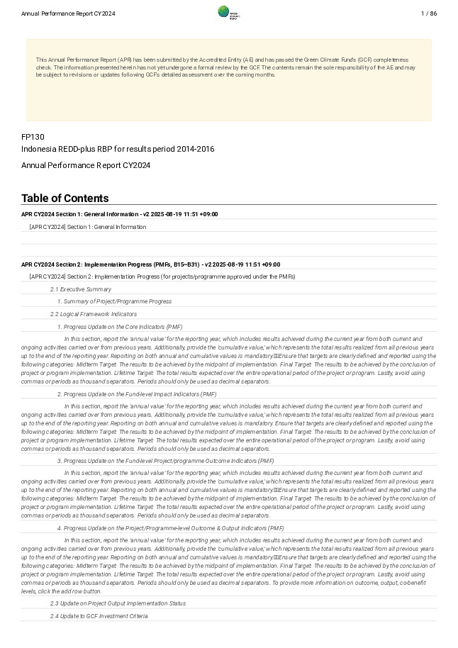 Document cover for 2024 Annual Performance Report for FP130: Indonesia REDD-plus RBP for results period 2014-2016