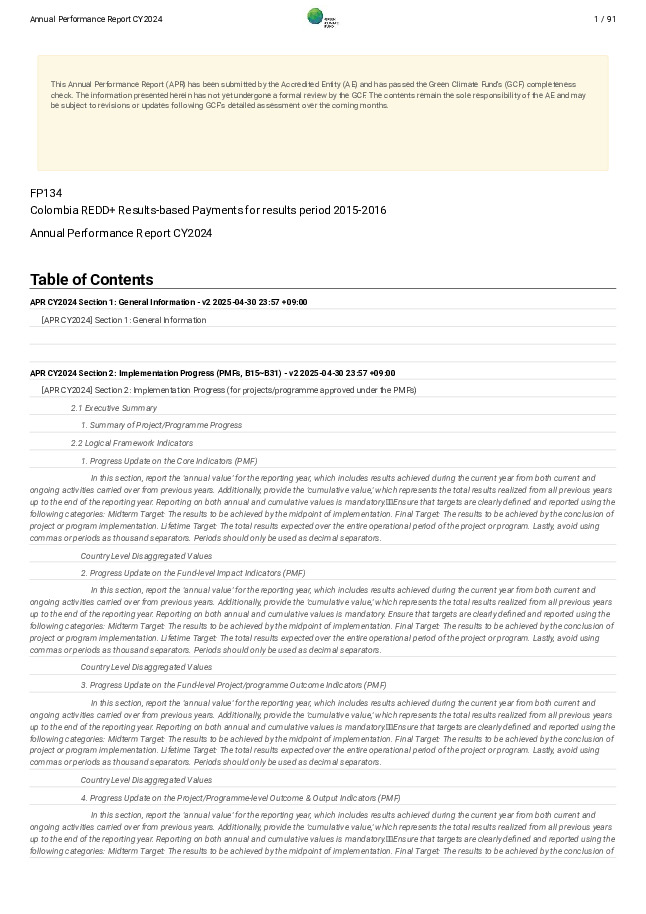 Document cover for 2024 Annual Performance Report for FP134: Colombia REDD+ Results-based Payments for results period 2015-2016